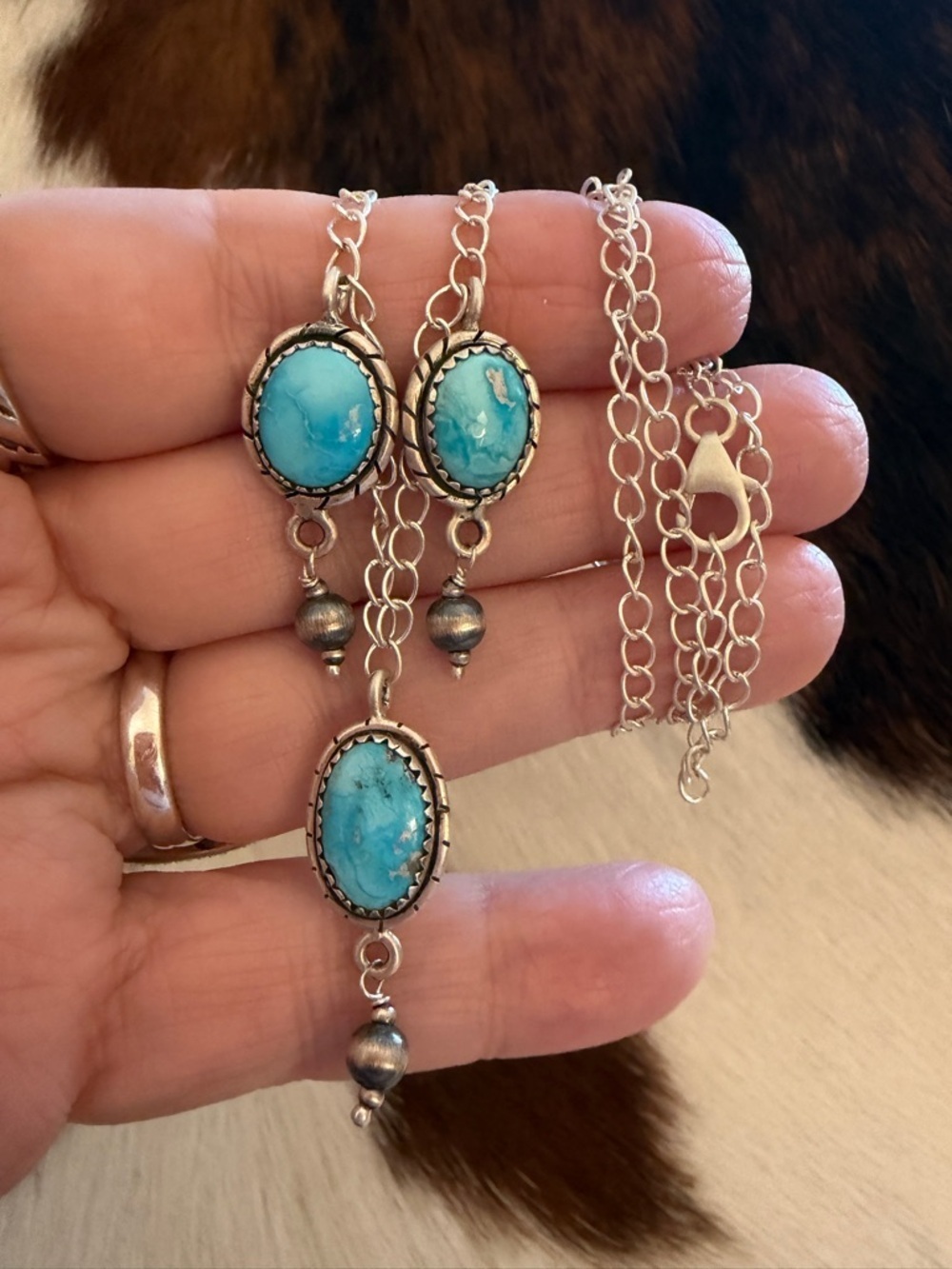 ❤️ Sierra Bella Turquoise 20” Sterling ADJ Necklace 5mm Desert Pearl Dangles 10G - Picture 7 of 12